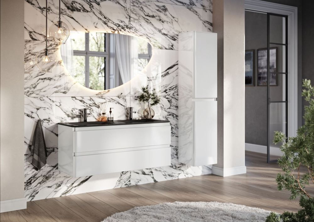 Neon Gloss White Wall Hung Vanity Unit with Grey Glass Basin 1200mm