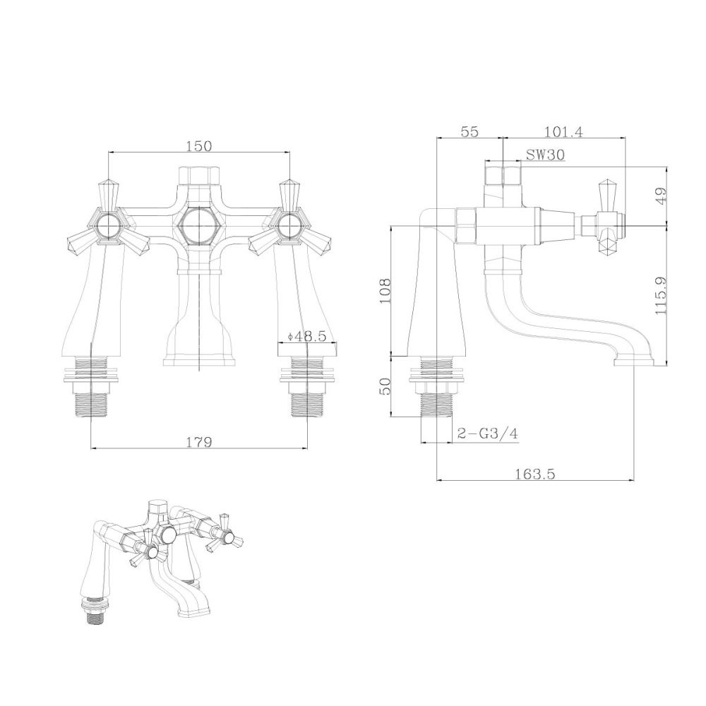 Adonis Chrome Bath Filler Tap dimensions