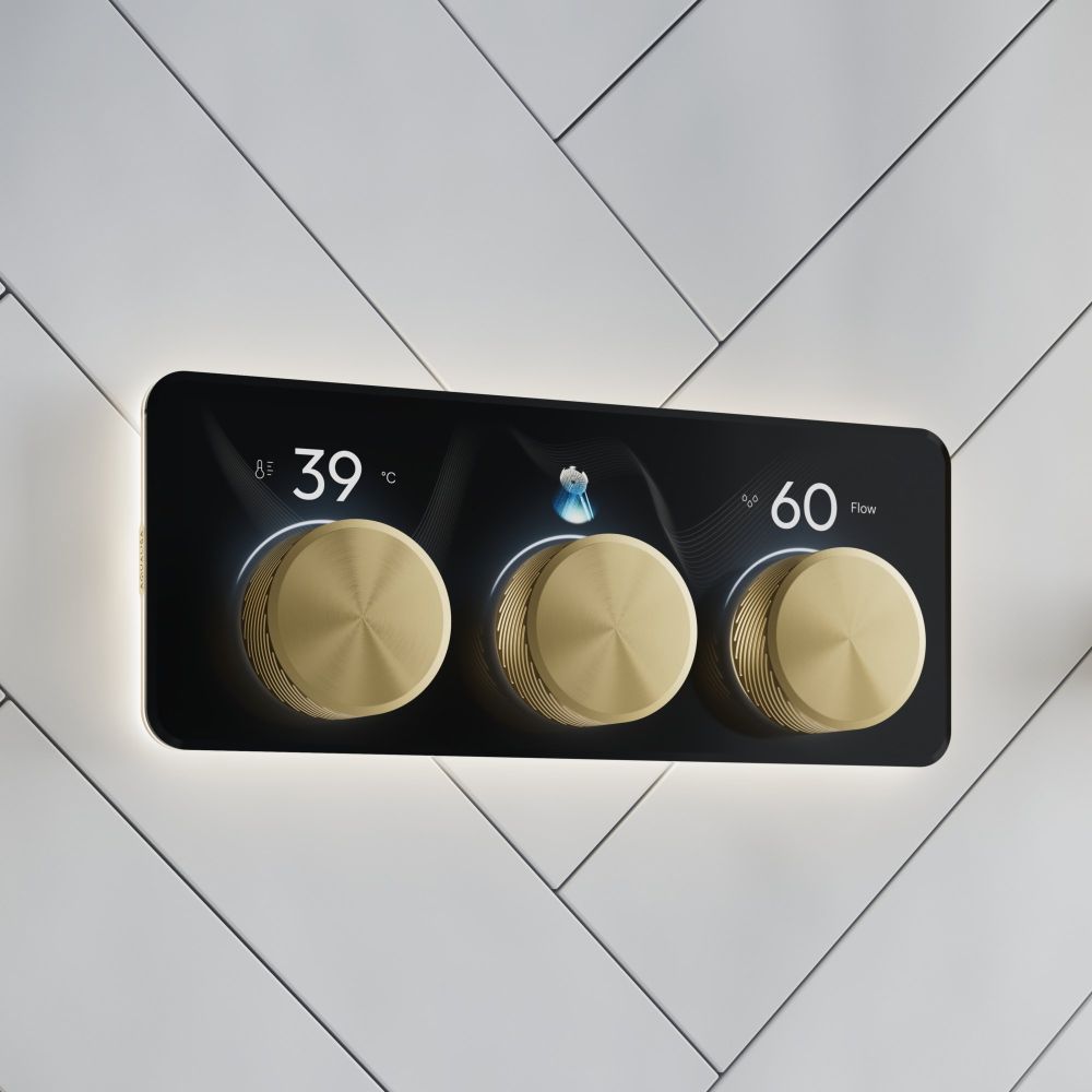 Aqualisa S3 Gold Horizontal Controls detailed view upon a white tiled background