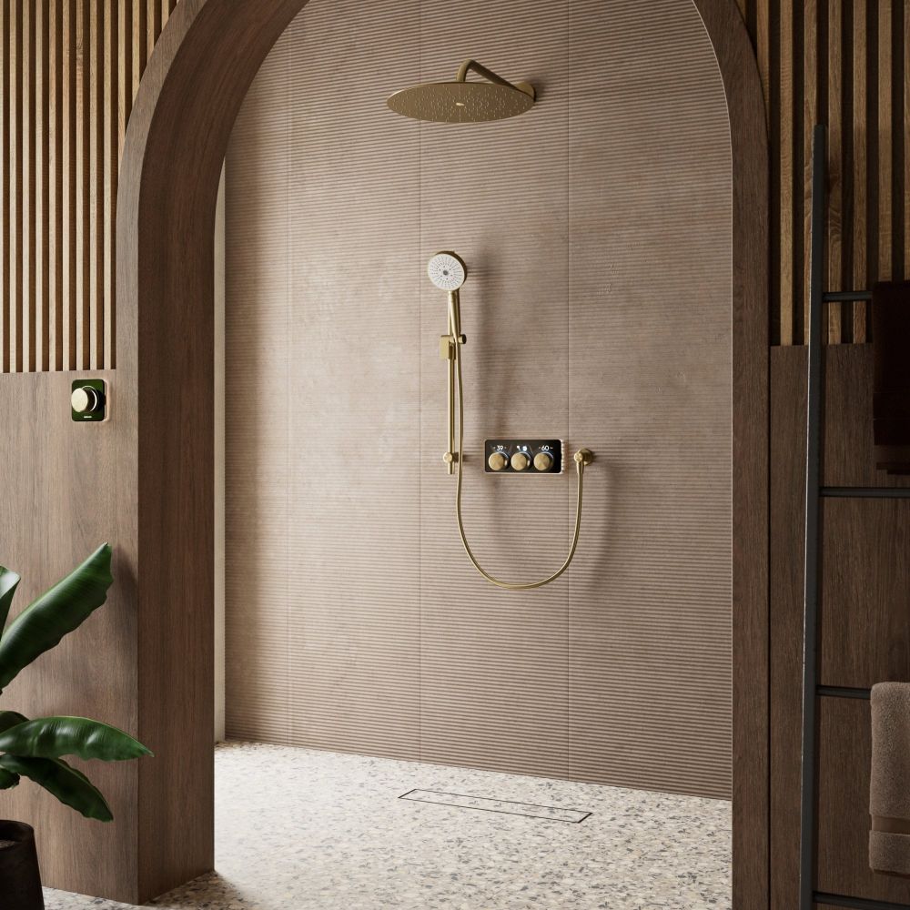 Aqualisa S3 Gold Digital Shower Dual Outlet (Slide Rail Kit with Fixed Wall Head) HP/Combi Displayed in a modern roomset with browntiles