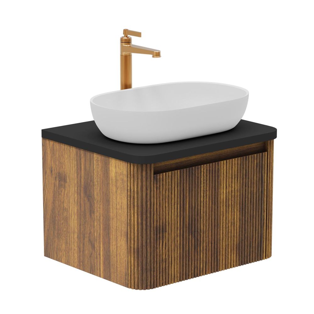Wish Ribbed Wall Hung Vanity Unit in Walnut with Black Worktop 600mm