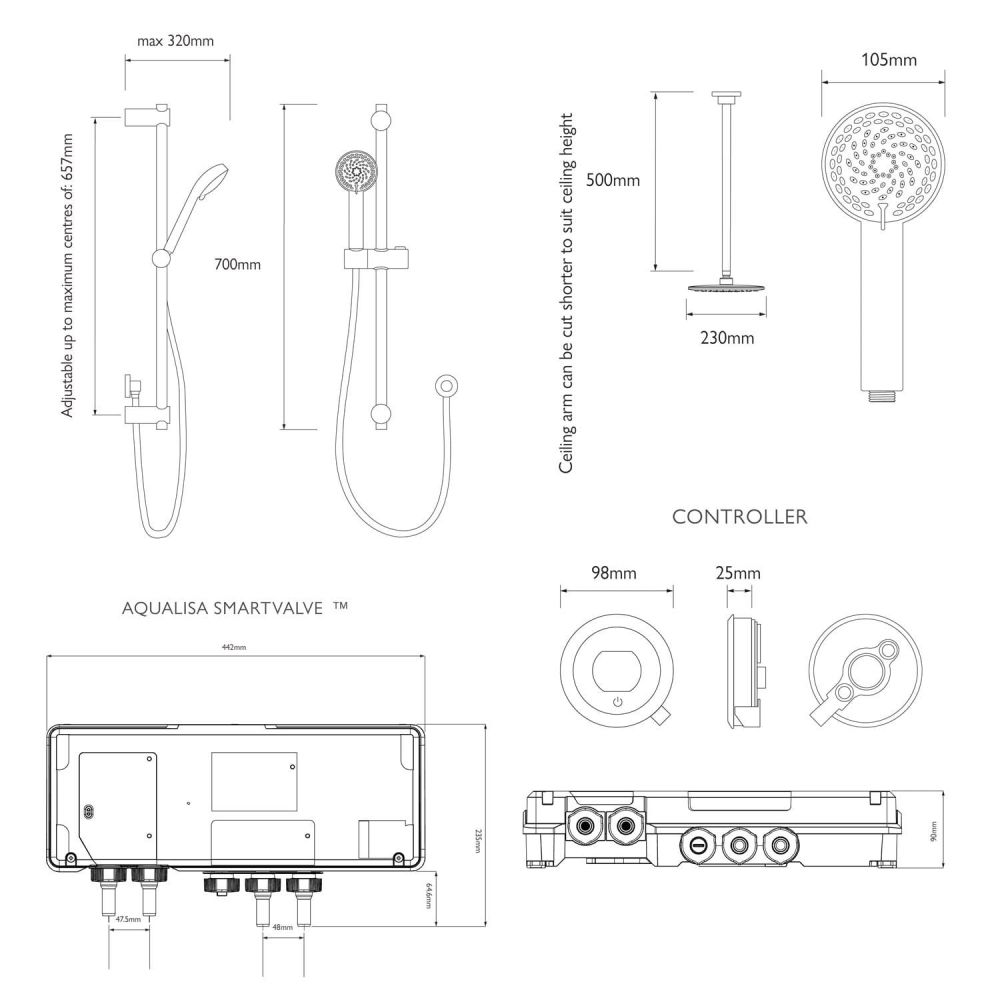 Aqualisa Quartz Touch Concealed Smart Shower With Adjustable Head and Fixed Ceiling Head - Gravity Pumped