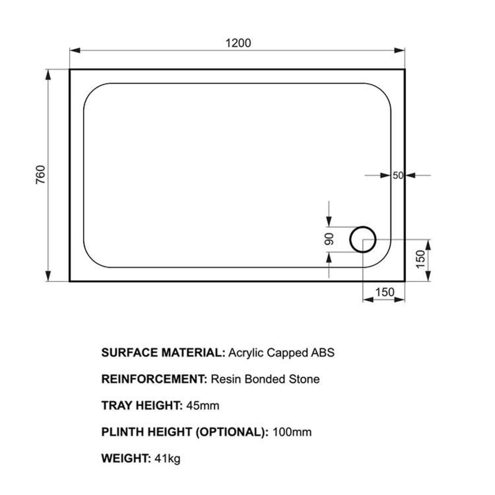 Kstone Rectangular Shower Tray 1200x760mm KS12076 Spec Drawing