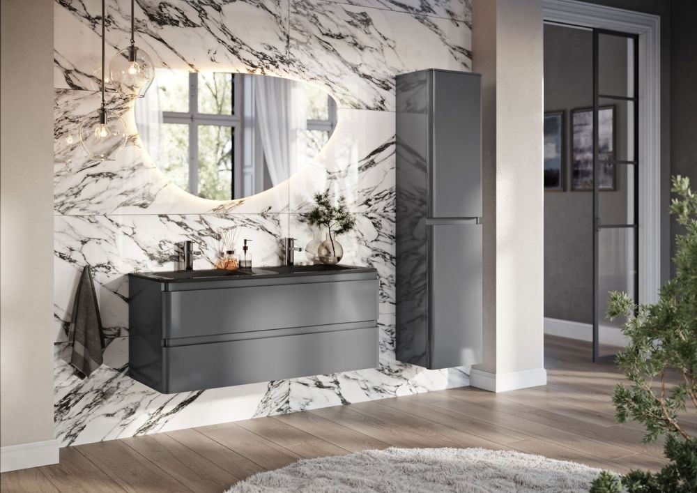 Neon Gloss Titanium Grey Wall Hung Vanity Unit with Grey Glass Basin 1200mm