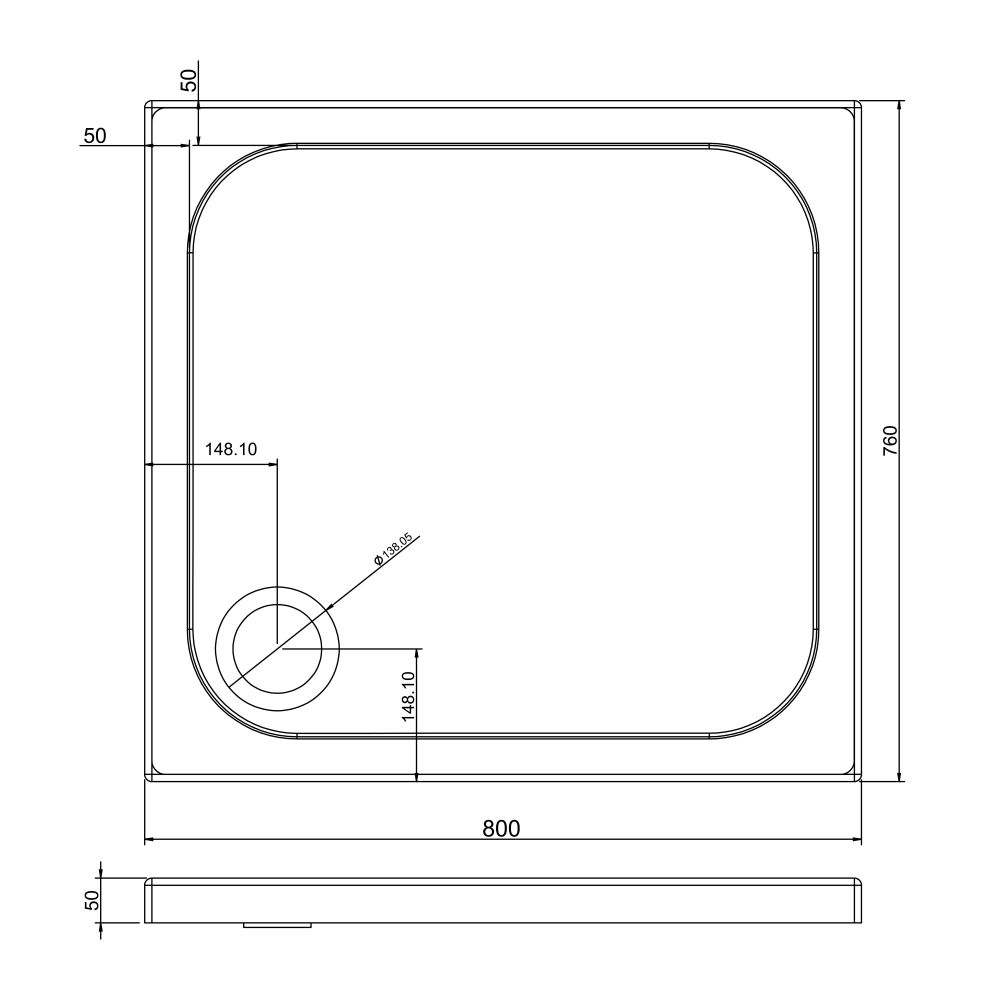 Low Profile Rectangle Shower Tray 800x760mm Spec Drawing