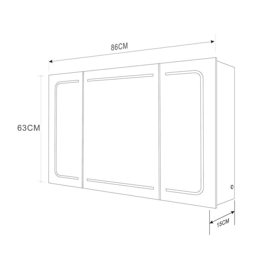 Manor Triple Door Illuminated LED bathroom Mirrored Wall Cabinet 860x630mm Spec Dimension Drawing