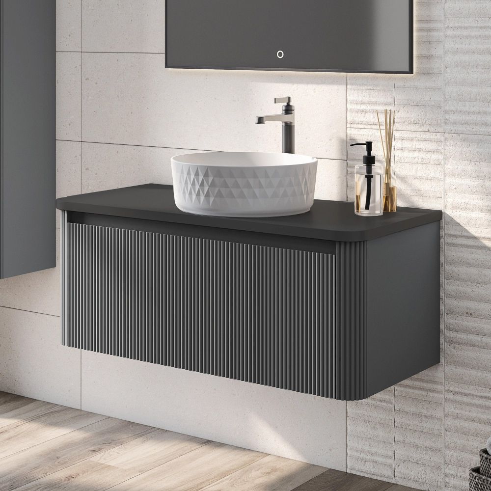 Wish Ribbed Wall Hung Vanity Unit in Charcoal with Black Worktop