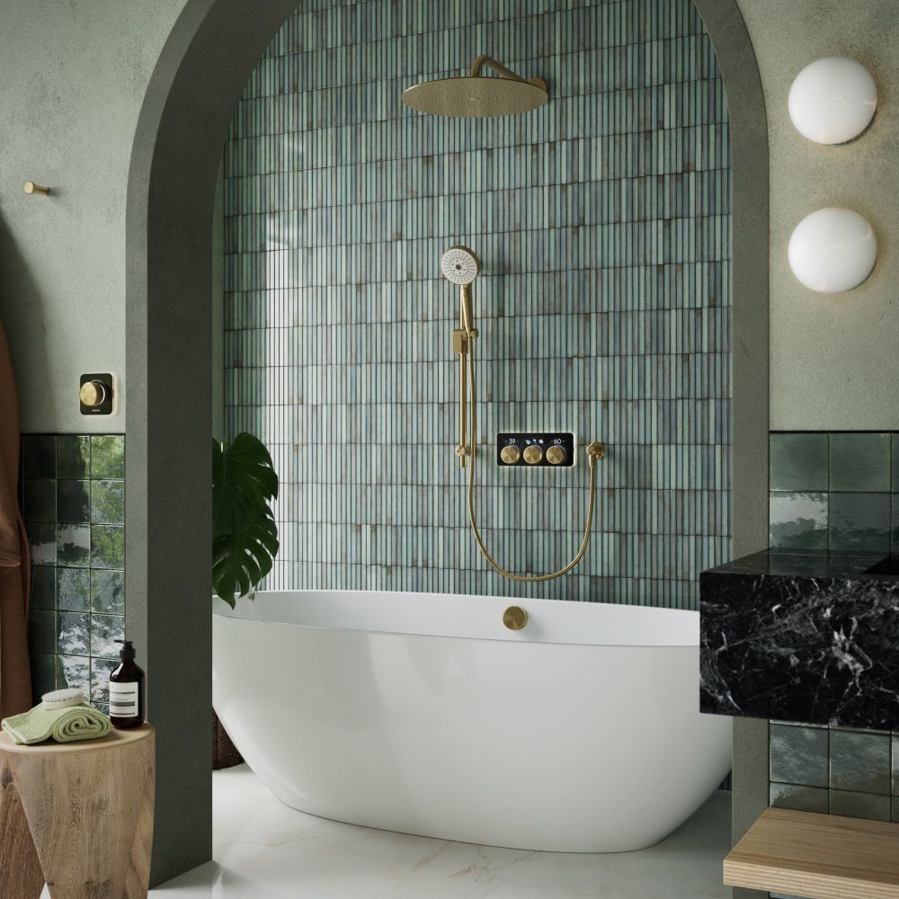 Aqualisa S3 Brushed Gold Smart Digital Shower Triple Outlet (Slide Rail Kit with Fixed Wall Head) HP/Combi Displayed in a modern roomset with teal tiles