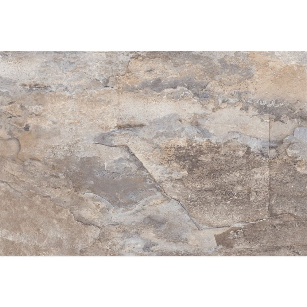 Flat swatch view of the Arans Grey 400x600mm stone effect tile displaying weathered grey and subtle beige mineral veining