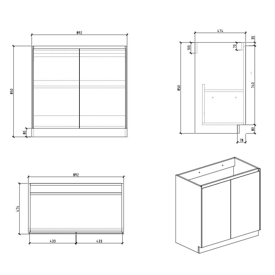 Odion Concrete Floor Standing Vanity Unit 900mm Spec Drawing