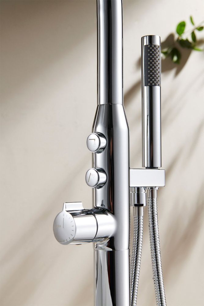 Detailed control view of the Manisa Chrome Floor Standing Bath Shower Mixer