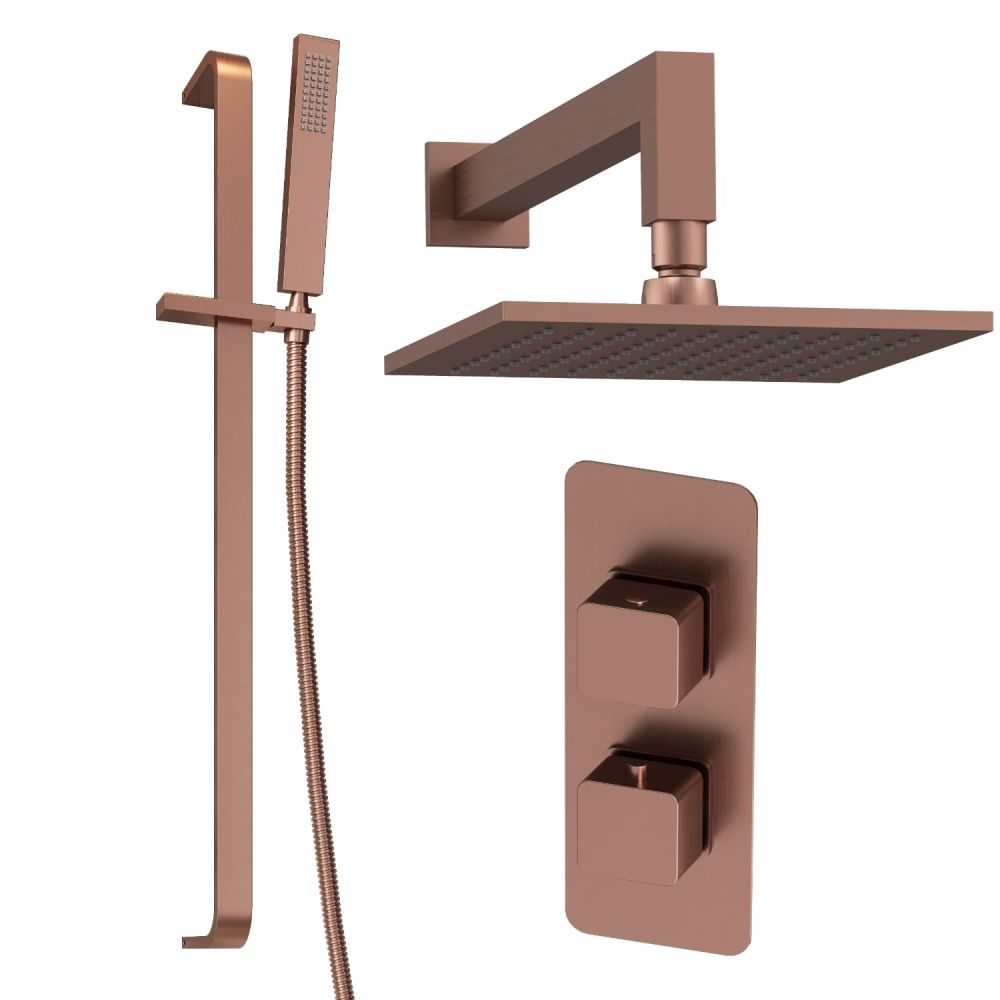 Liva Brushed Bronze Dual Outlet Square Shower Pack with Fixed Head & Slider Rail