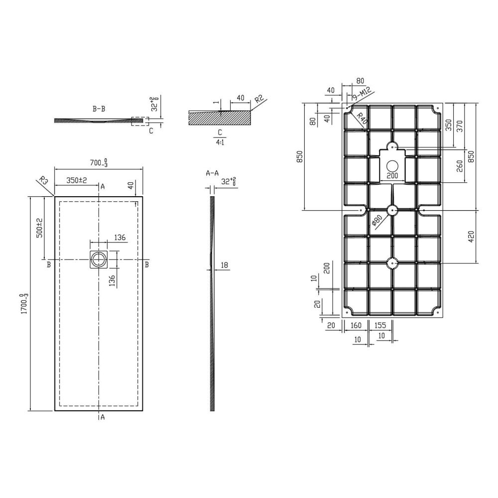 Peoria Slate Effect Rectangle Shower Tray 1700x700mm Technical Drawing