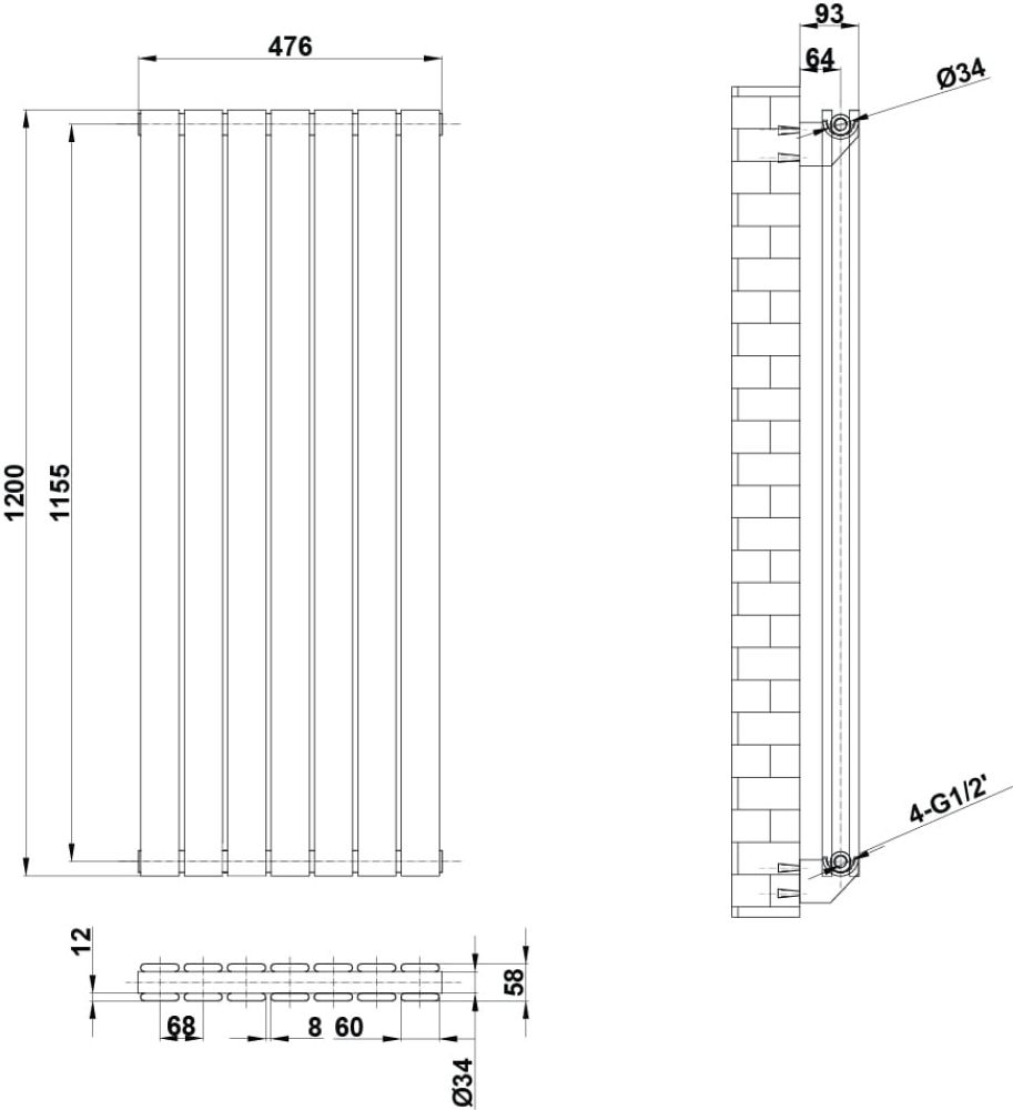 Perth White Double Vertical Flat Panel Radiator 1200x476mm
