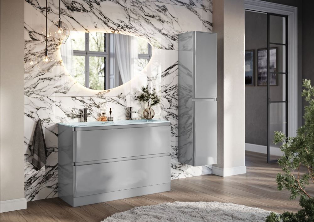 Neon Gloss Light Grey Floor Standing Vanity Unit with Opal Glass Basin 1200mm
