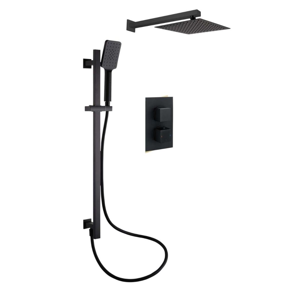 Zena Matt Black Square Double Outlet Valve with Slide Rail Kit, Shower Head