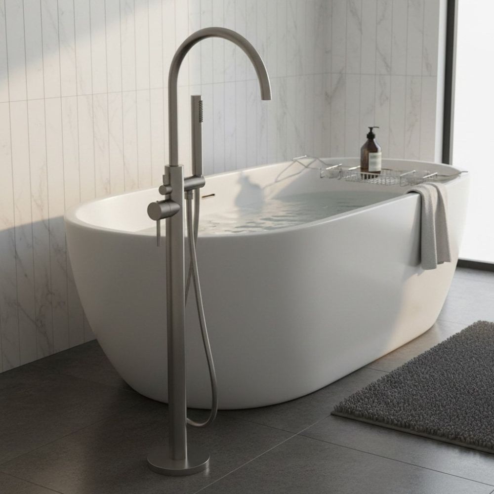 Moray Gunmetal Floor Standing Bath Tap With Hand Held Shower - roomset