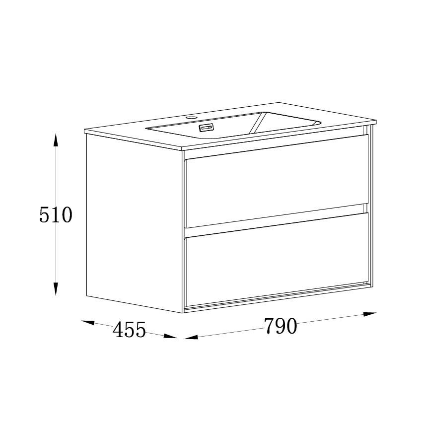 Newbury Wall Hung Vanity Unit in Matt Black & Sawn Oak - 800mm Spec Drawing