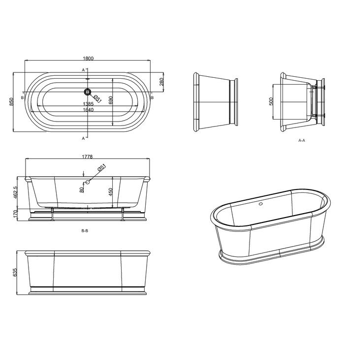 Burlington London Round Soaking Bath Tub Dimension Drawing