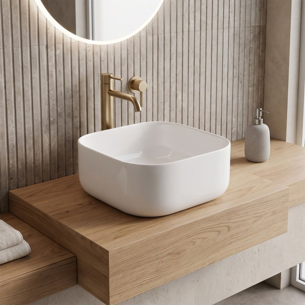 white gloss square countertop basin with curved corners