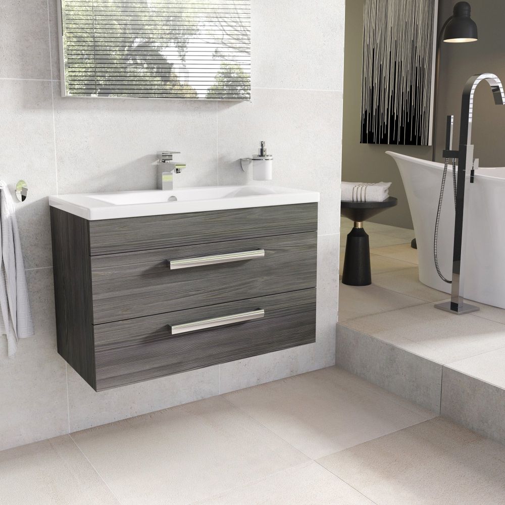 Nante Dark Elm Wall Hung Vanity Unit with Ceramic Basin 800mm