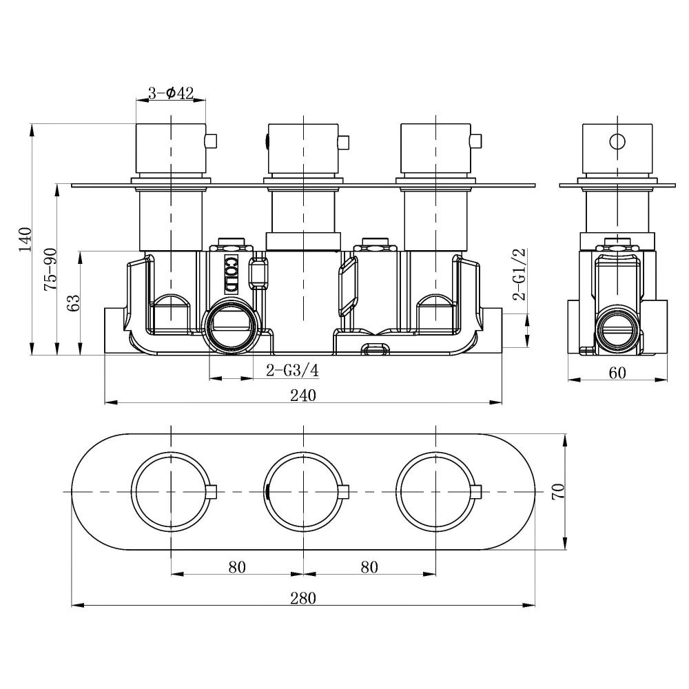 Elora Round Triple Outlet Concealed Valve Shower Pack with Shower Head, Slide Rail & Bath Filler Spec Drawing