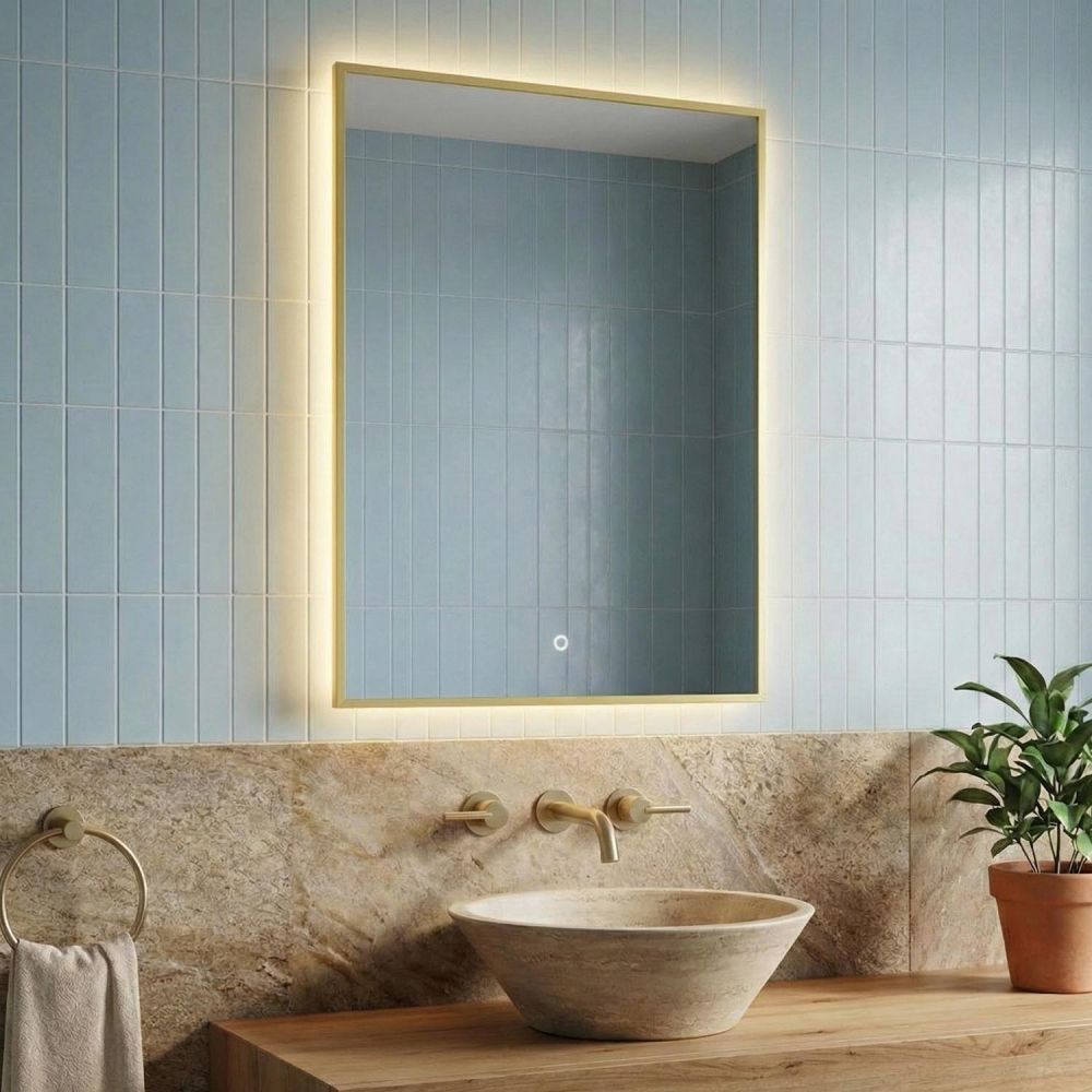 Rione Gold Rectangular Backlit LED Heated Bathroom Mirror 500x725mm