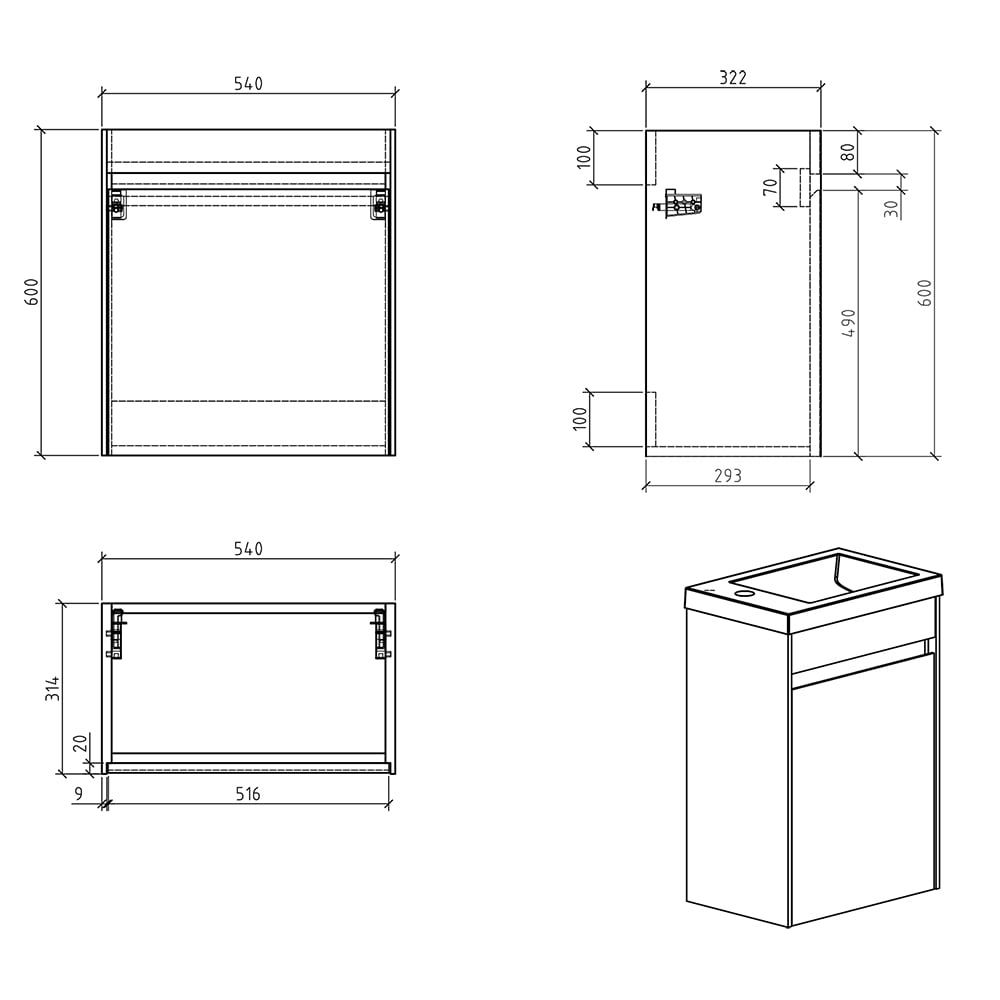 Odion Metallic Wall Hung Cloakroom Vanity Unit with Resin Basin 545mm