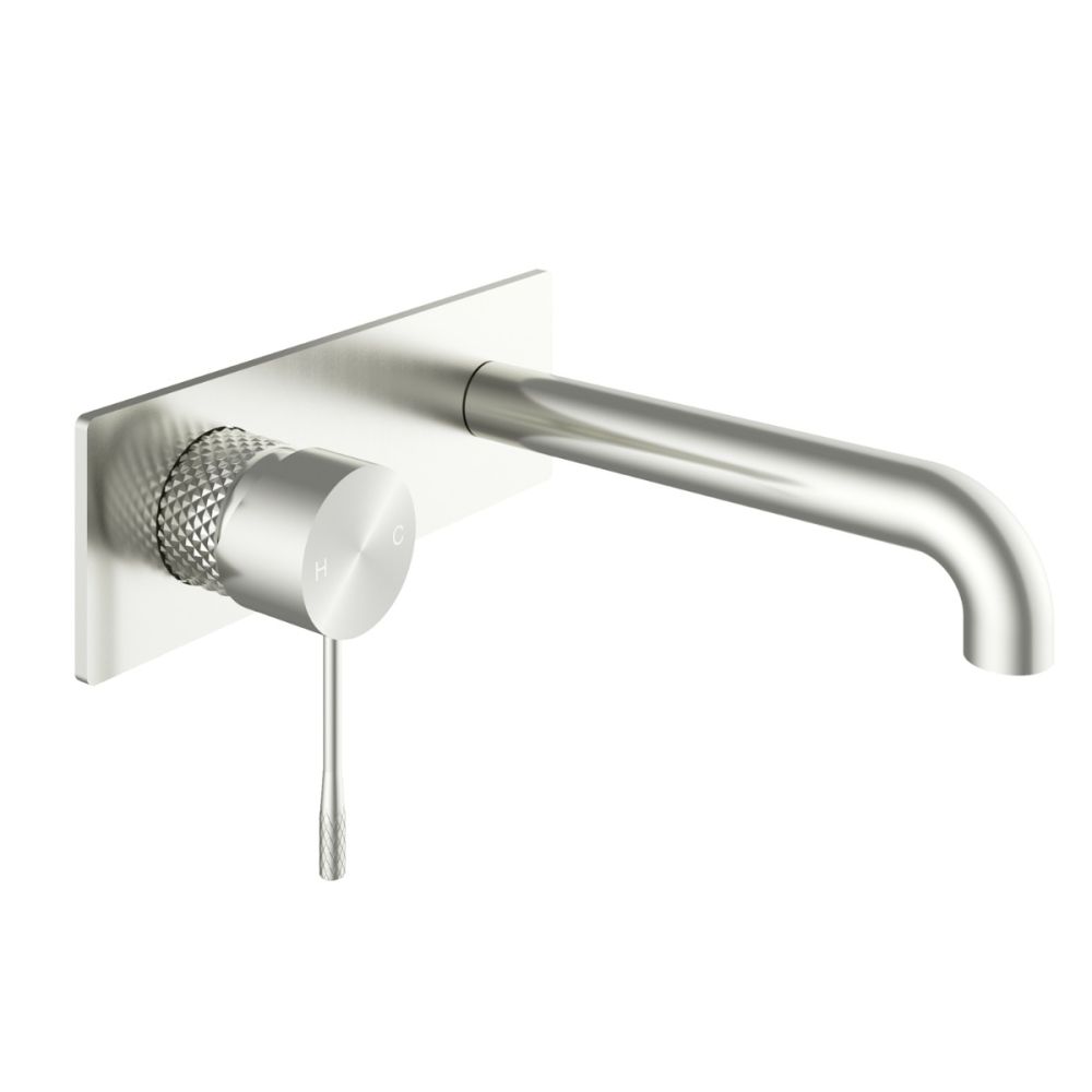 Moray Brushed Nickel wall mounted basin tap featuring a textured knurled detailing