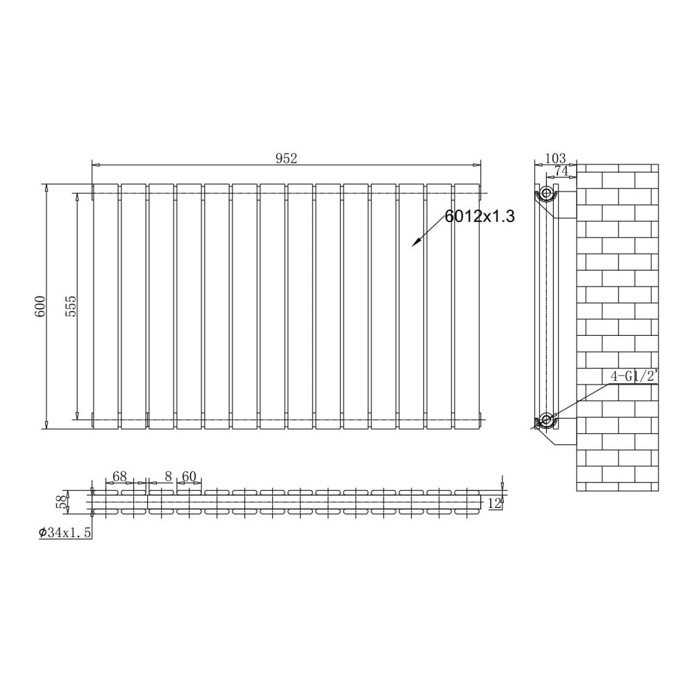 Perth White Double Vertical Flat Panel Radiator 600x952mm