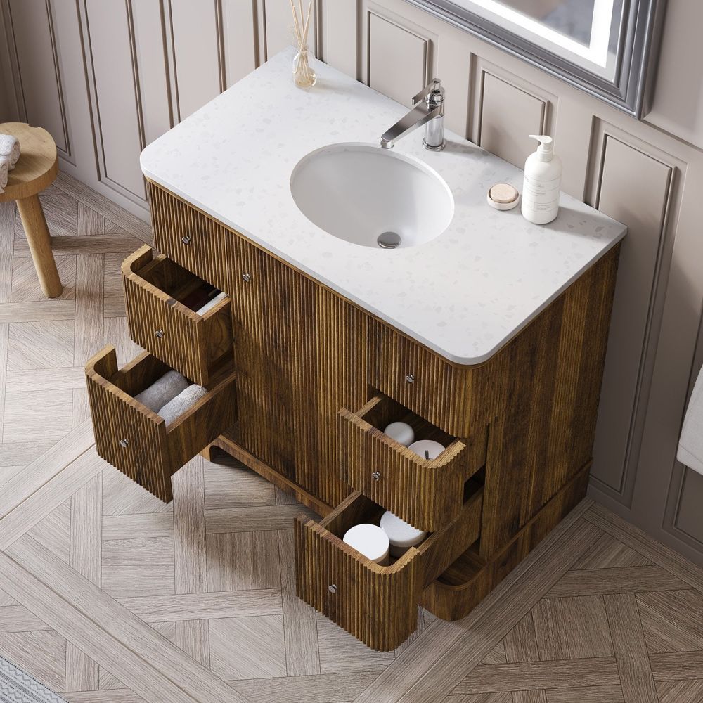 Traditional setting showing the Hayward Walnut Ribbed Floor Standing Vanity Unit 900mm open