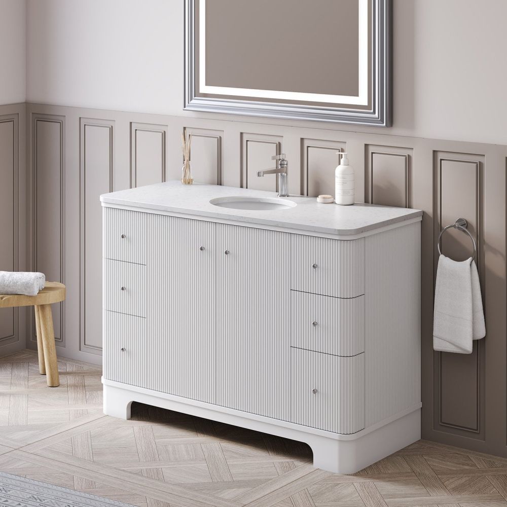 Traditional roomset showing the Hayward White Ribbed Floor Standing Vanity Unit 1200mm