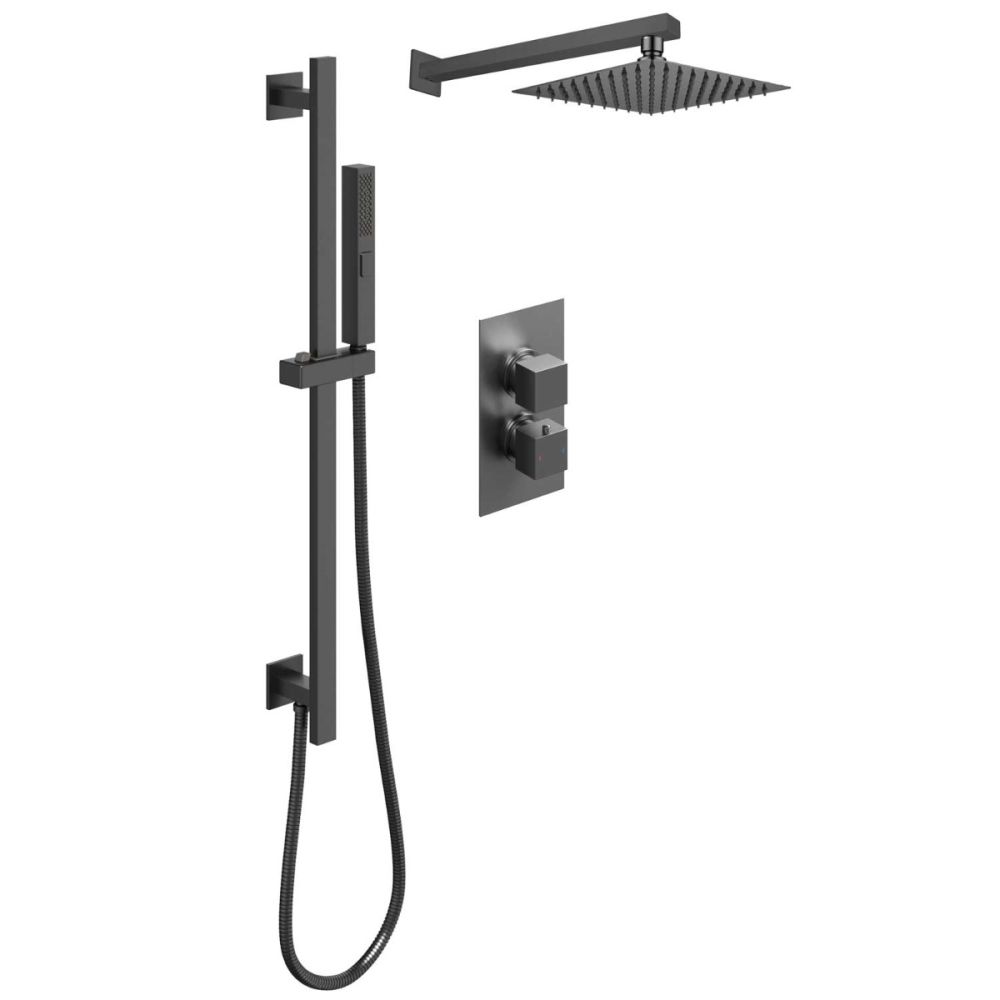 Zena Gunmetal Square Double Outlet Valve with Slide Rail Kit, Shower Head