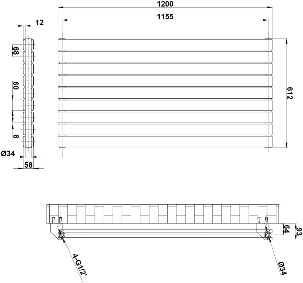Perth White Double Horizontal Flat Panel Radiator 612x1200mm