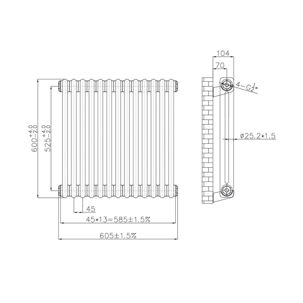 Clement Antique Copper Double Horizontal Column Radiator 600x605mm
