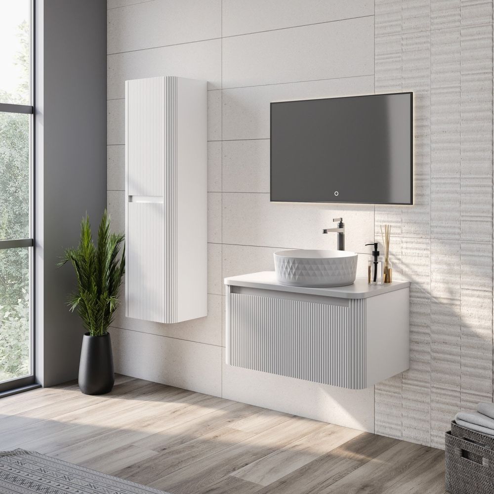 Wish Ribbed White Wall Hung Tall Storage Cabinet