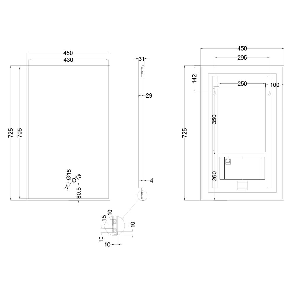 Rione Rectangular Backlit LED Heated Mirror 450x725mm Dimensions Drawing