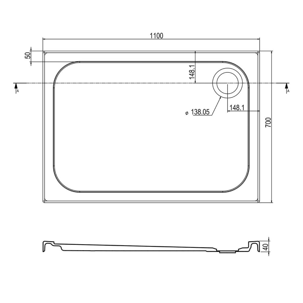 Low Profile Rectangle Shower Tray 1100x700mm Spec Dimension Drawing