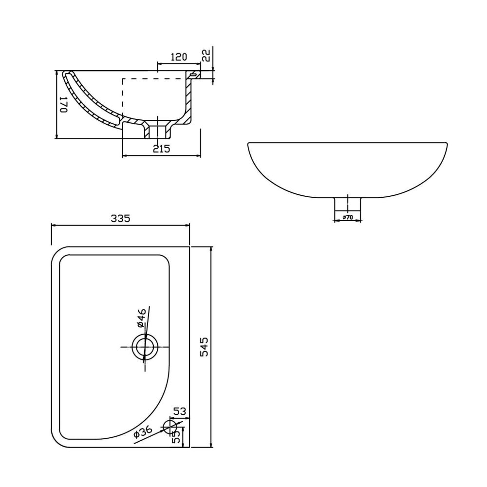 Jersey Semi Recessed Right Hand Basin Technical Drawing