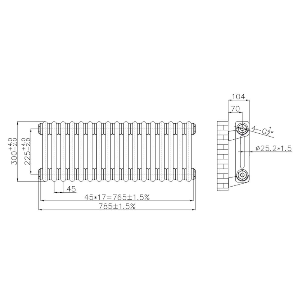 Clement Double Horizontal Column Radiator 300x785mm Technical Drawing