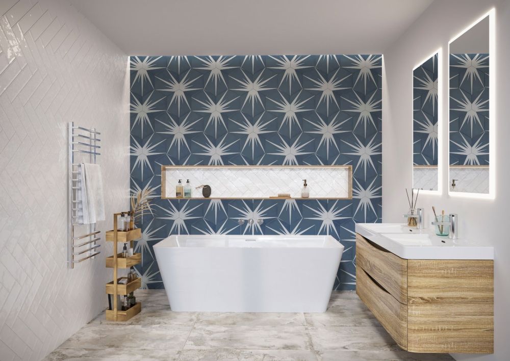 Lotus Hex Matt Blue Hexagon Porcelain Tile - 198x228mm Roomset