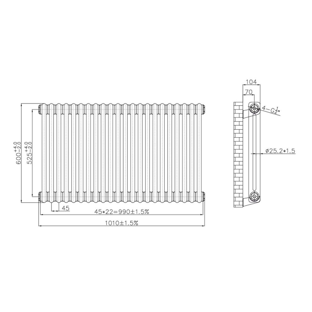 Clement Raw Metal Double Horizontal Column Radiator 600x1010mm