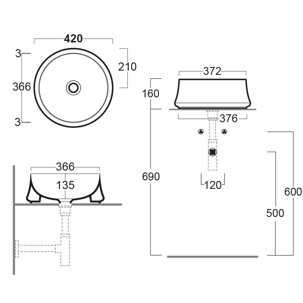 Alto White Round Countertop Basin Spec