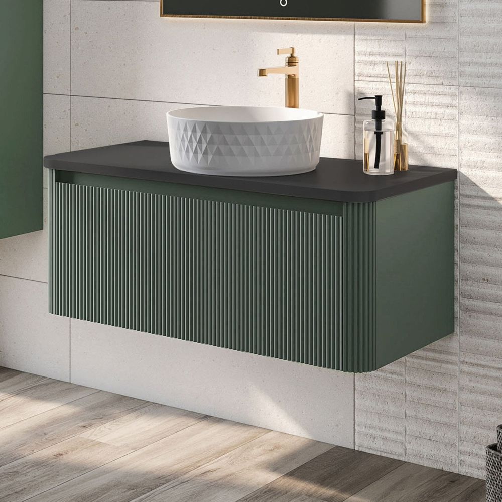 800mm Wish Ribbed Wall Hung Vanity Unit in Green with Black Worktop