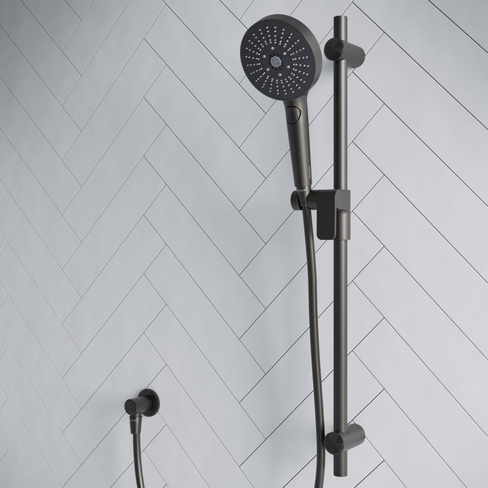 Aqualisa S3 gunmetal slide rail kit on an white tiled background