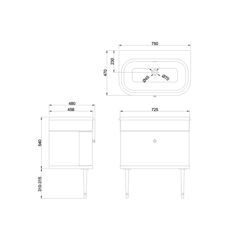 Burlington Chalfont Matt Black Single Drawer Vanity Unit and Basin with Gold Legs 750mm