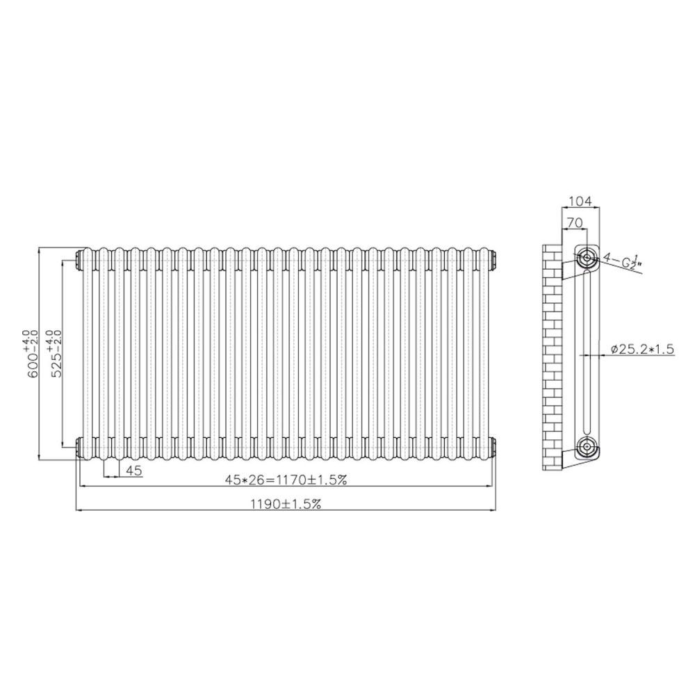 Clement Antique Copper Double Horizontal Column Radiator 600x1190mm
