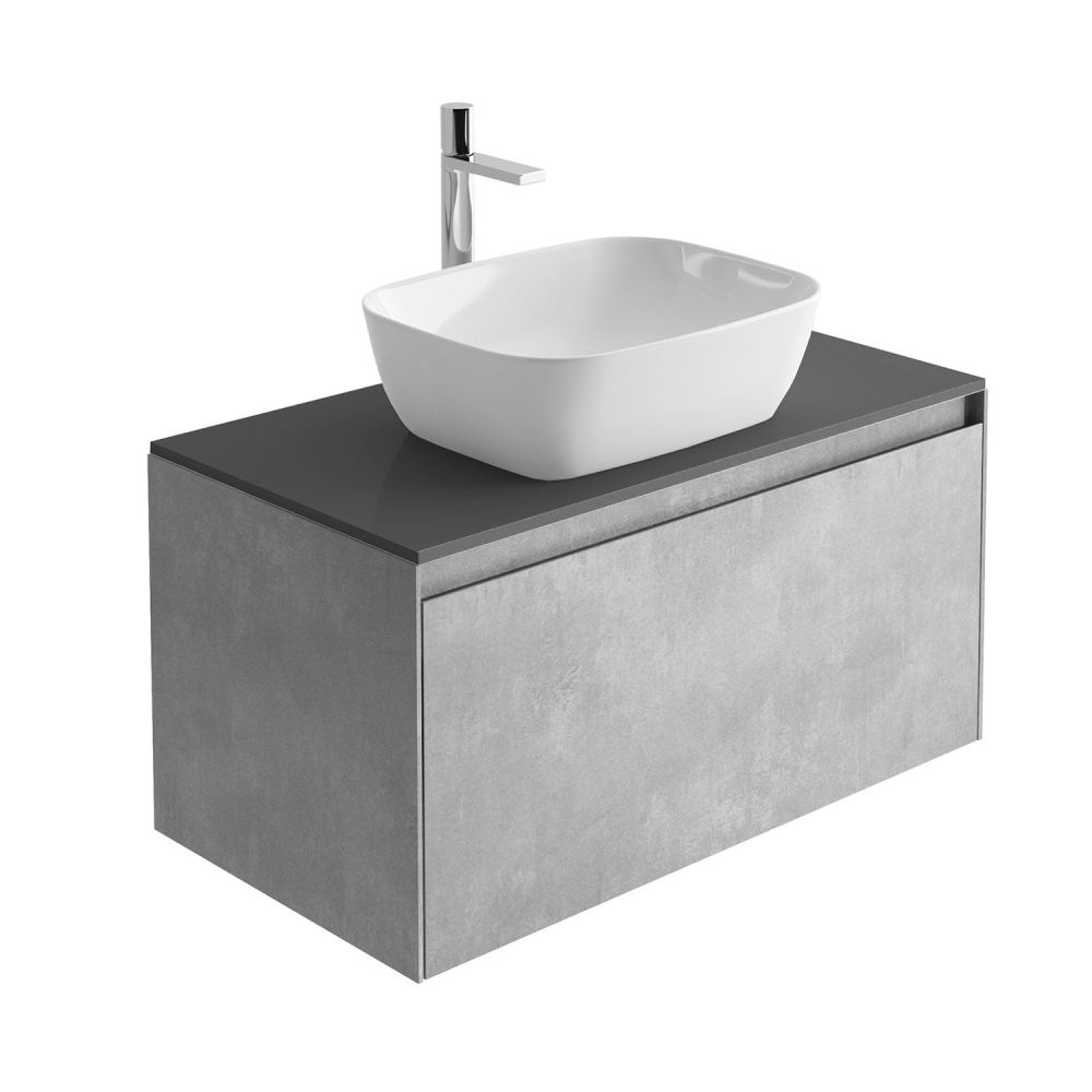Odion 900mm Wall Hung Vanity Unit in Concrete with Black Worktop