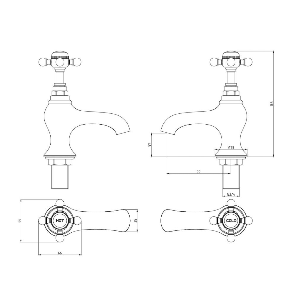 Pair of Bath Pillar Taps Dimension Drawing