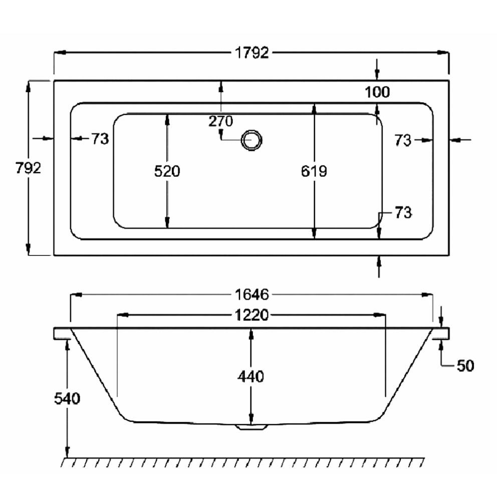 Carron Quantum Double Ended Carronite Bath 1800x800mm dimensions